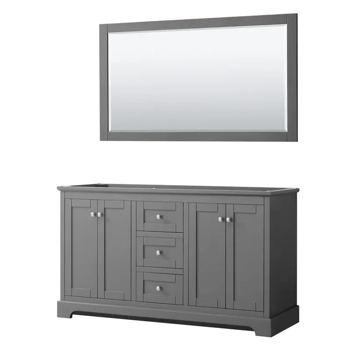 Avery 60 Inch Double Bathroom Vanity In Dark Gray, No Countertop, No Sinks, And 58 Inch Mirror