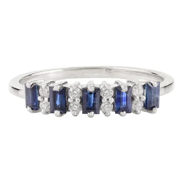 Baguette Cut Blue Sapphire & Diamond Half Band Ring Size 6