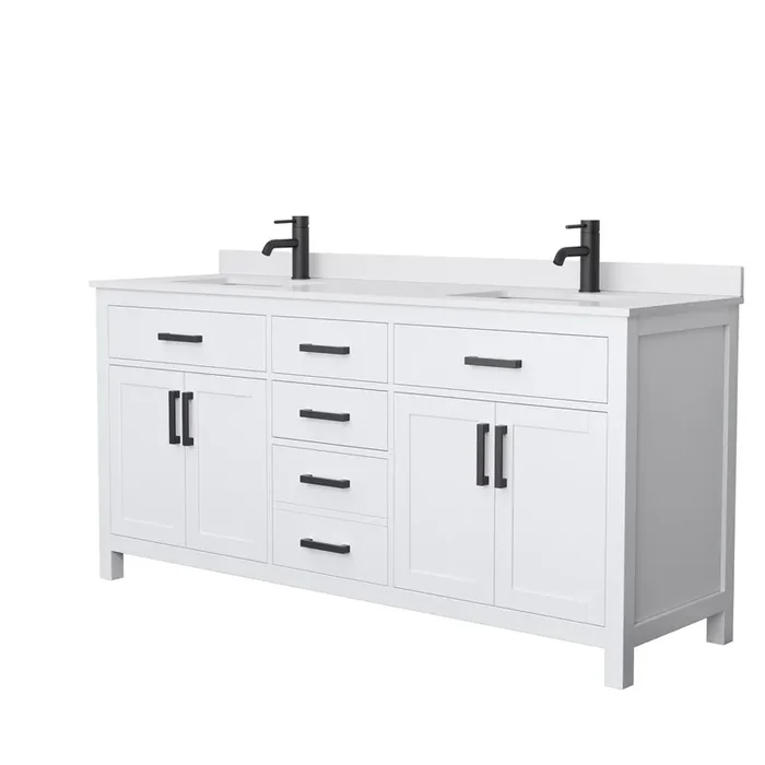 Beckett 72 Inch Double Bathroom Vanity In White, White Cultured Marble Countertop, Undermount Square Sinks, Matte Black Trim