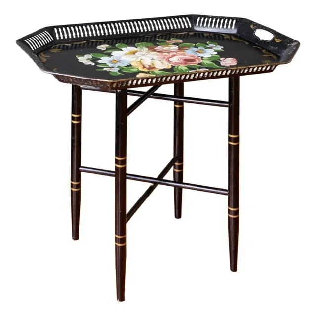 Black and Floral Toleware Tray Table