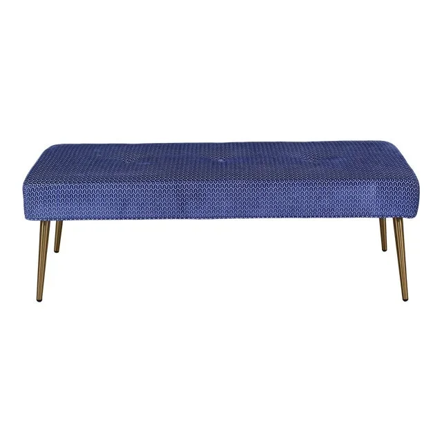 Blue Chenille Bench With Brushed Metal Legs
