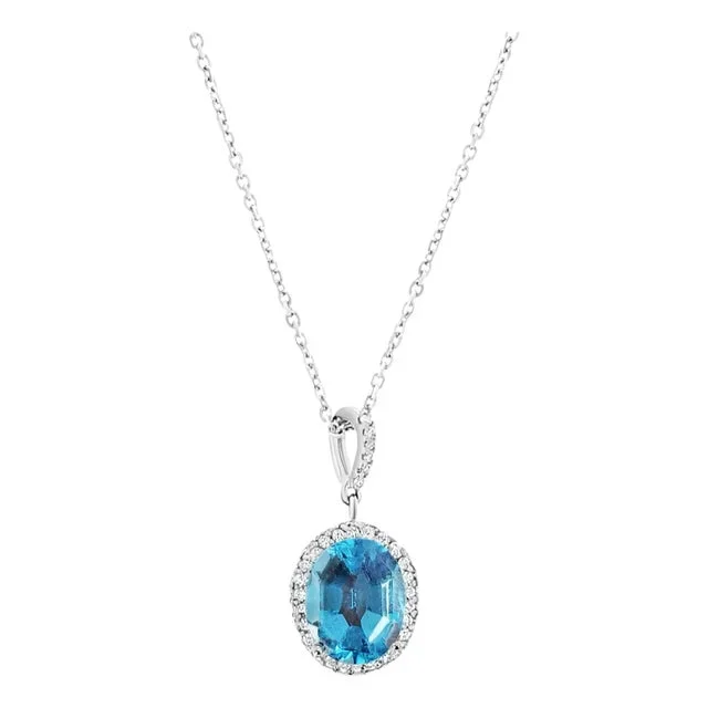 Blue Topaz Diamond Halo Necklace 14k White Gold 16″
