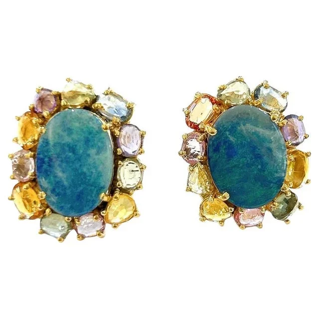 Bochic “Orient” Blue Opal & Multi Sapphires Earrings Set In 18K Gold & Silver – a pair