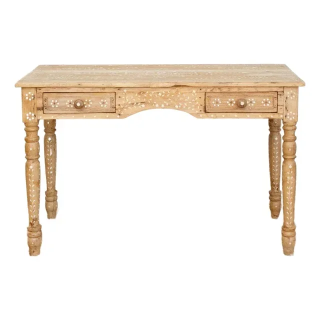 British Colonial Bleached Wood Desk With Floral Inlay
