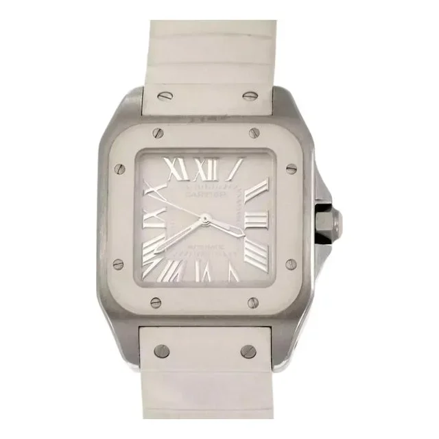 Cartier Santos 100 Automatic Steel White Rubber Band Midsize Watch 2878