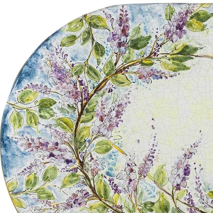 CERAMIC STONE TABLE + IRON BASE: GLICINE Design – Hand Painted in Deruta, Italy.