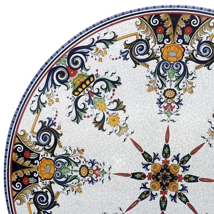 CERAMIC STONE TABLE + IRON BASE: VERONA Design^ – Hand Painted in Deruta, Italy.