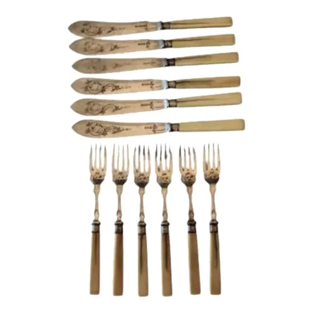 Circa 1910 Antique Mappin & Webb European Ornate Victorian Fish Knife and Fork Set- 6 Forks 6 Knives