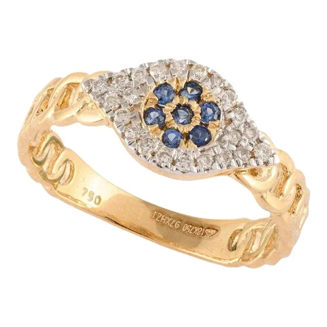 Crafted in 18k Gold Sapphire Diamond Evil Eye Chain Band Ring Size 7