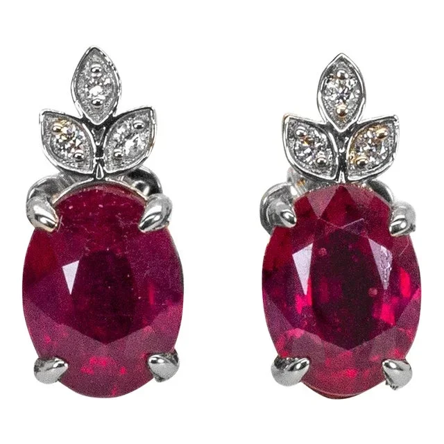 Dainty Madagascar Ruby Studs W Diamond Accents in 14k White Gold | Ov 8x6mm-Set of 2