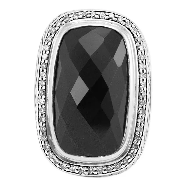 David Yurman 925 Sterling Silver Onyx Halo Diamond Albion Cocktail Ring Size 4.5