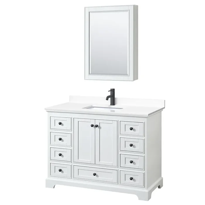 Deborah 48 Inch Single Bathroom Vanity In White, White Cultured Marble Countertop, Undermount Square Sink, Matte Black Trim, Medicine Cabinet
