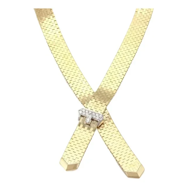Diamond Belt Gold Necklace 14k Yellow Belt & Buckle Crossover Pendant