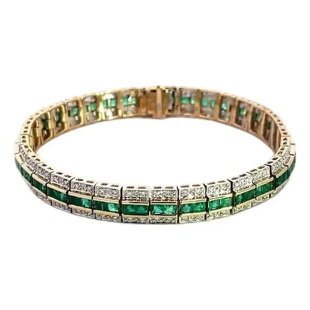 Diamond Emerald Gold Bracelet Amoro Signed 14k Two Tone Flex Links