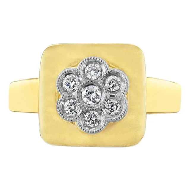 Diamond Flower Shaped Brushed Satin Finish Ring 14k Yellow Gold, Size 7