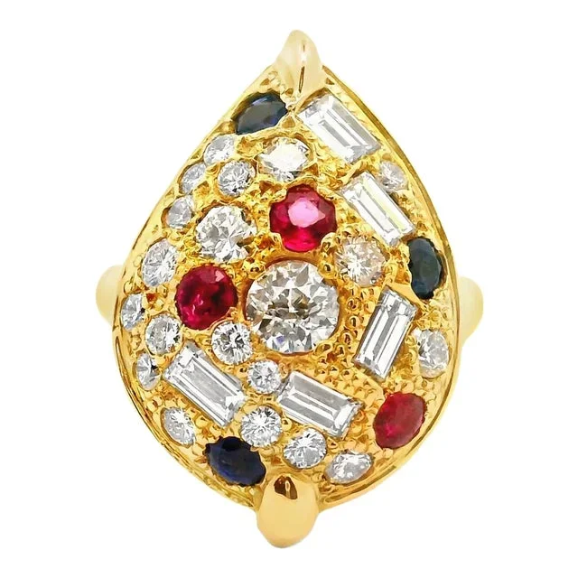 Diamond Sapphire Ruby 18k Gold Cluster Ring