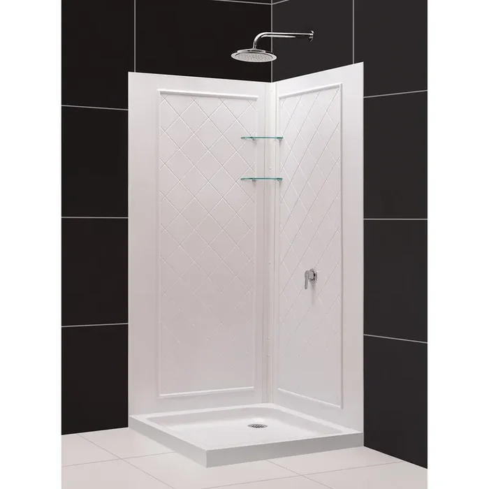Dreamline 32 In. D X 32 In. W X 76 3/4 In. H Slimline Double Threshold Corner Drain Base And Acrylic Backwall Kit In White DL-6295C-01