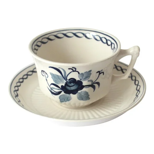 Early 20th Century Adams Baltic Cup and Saucer Set, Hand Painted Blue and White Floral