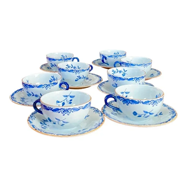 Early 20th Century Rorstrand Sweden Ostindia “East Indies” Blue & White Large Teacups Cups & Saucer Set- 16 Pieces