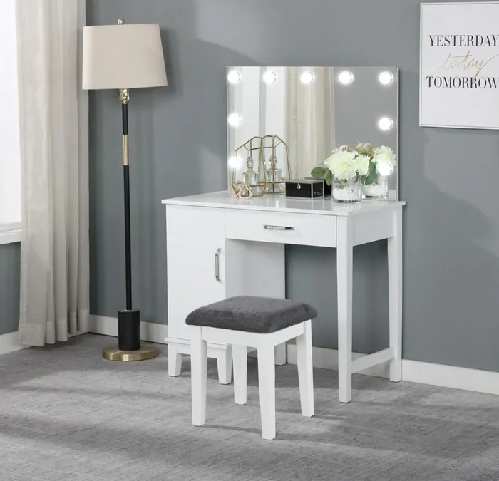 Elijah Whiteand Dark Gray Vanity Set with LED Lights