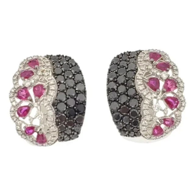 Estate 12ct Black White Diamond & Ruby 18k Gold Floral Huggie Earrings