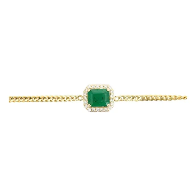 Estate Halo Diamond Emerald Bracelet With 14k Gold Curb Chain