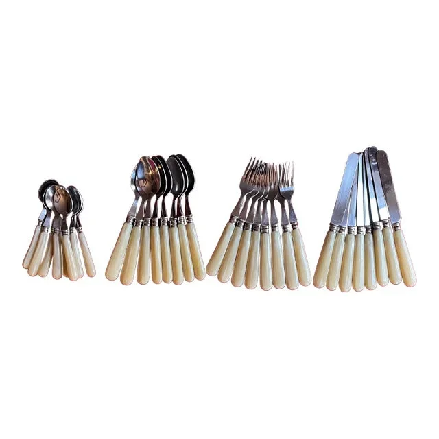 French Stainless Steel Place Settings With Pearlized Handles Including Soup Spoons, Tea Spoons, Forks and Knives, a Service for Eight – 32 Pieces