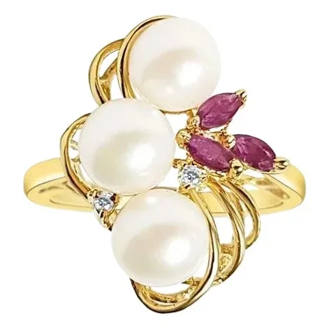 Freshwater Pearl, Ruby & Diamond Cluster Cocktail Ring 14k Yellow Gold, Size 7
