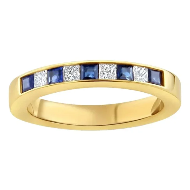 Half Carat Diamond Sapphire Wedding Band 14k Yellow Gold, Size 7