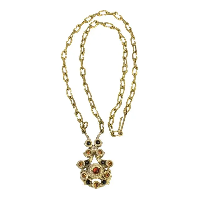 Henry Perichon Gilded Bronze Pendant Necklace With Black and Paprika Cabochons