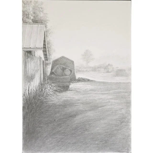 Humble Homestead Farm-02 10*14 Original Drawing Landscape Pencil Art by Carrie Bergey Black White