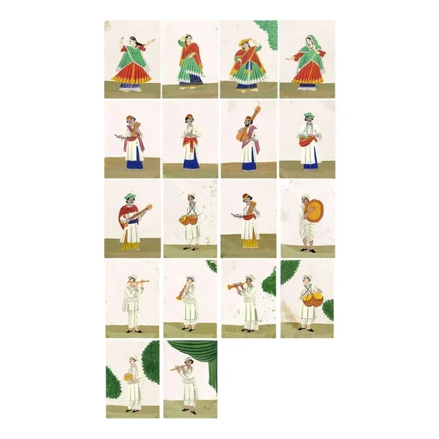 Indian Company School Artist, Musicians & Dancing Girls, 19th Century, Gouache on Transparent Mica, Set of 18