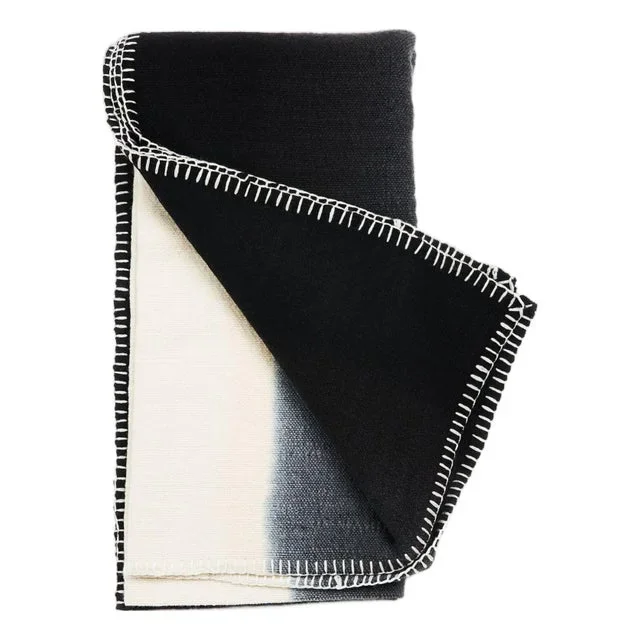 Ink Black White Ombre Textured Throw in Hand Spun Merino and Hand Stitched Hem
