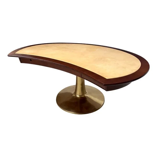 Italian Sculptural Single Column Desk in Leather and Brass, 1950s