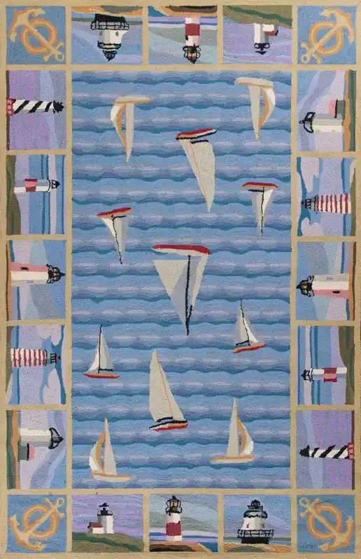 KAS Rugs Colonial 1335 Blue Light Houses Hand-hooked Area Rugs