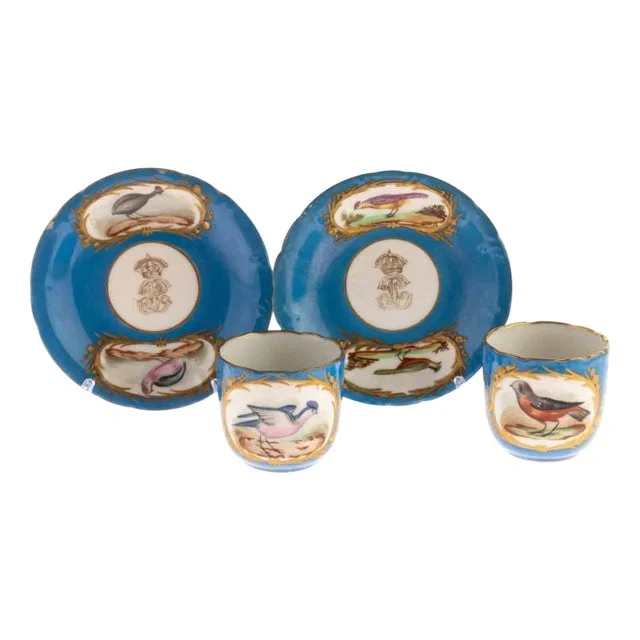 Late 18th Century French Hand Painted Sevres Bleu Celeste Porcelain Exotic Birds Teacups & Saucers, Set of 4