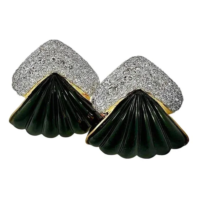 Late-20th Century 18k Yellow Gold Fluted Black Onyx & Diamond Earrings