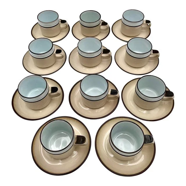 Late 20th Century Denby England Stoneware Cups & Saucers Vintage Modernist Pottery- 22 Pieces