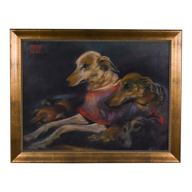 Late 20th Century Framed Signed Untitled Grey Hounds Pastel