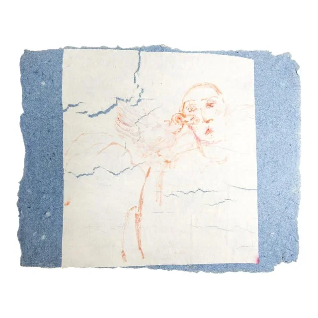 Late 20th Century Handmade Paper Modernist Woman and Bird Drawing