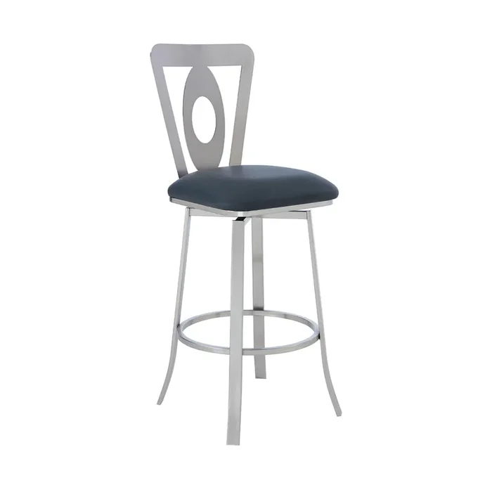 Lola Contemporary 30″ Bar Height Barstool In Brushed Stainless Steel Finish And Grey Faux Leather