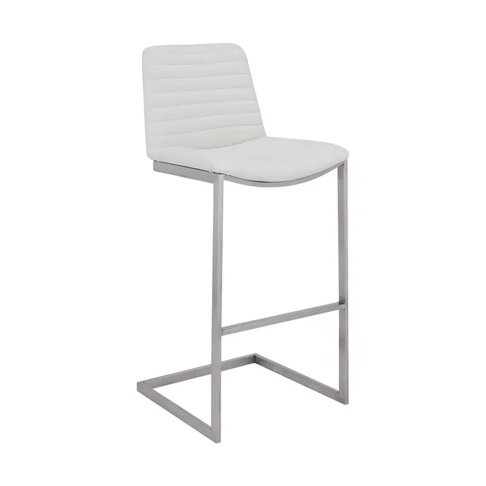Lucas Contemporary 26″ Counter Height Barstool In Brushed Stainless Steel Finish And White Faux Leather