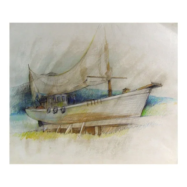 Mid 20th Century Boat in Dry Dock Oil Pastel Drawing