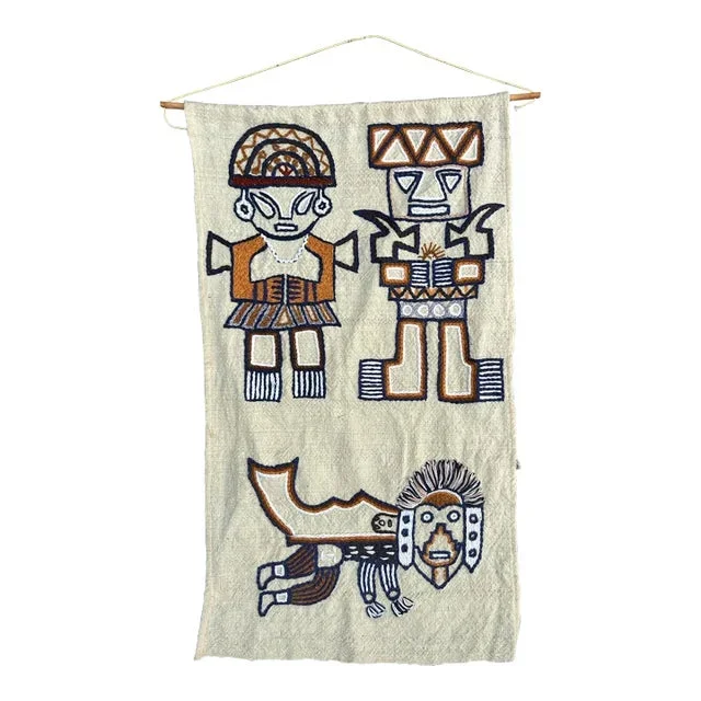 Mid 20th Century Tribal Crewel Art Banner in the Style of Native American Arts + Crafts
