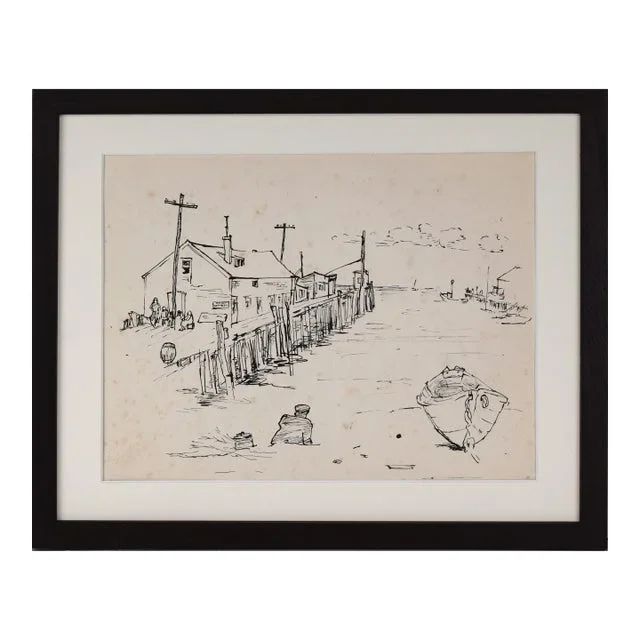 Mid Century Modern Cape Cod/Provincetown Harbor Pen & Ink Drawing by Emile Walker 1960s
