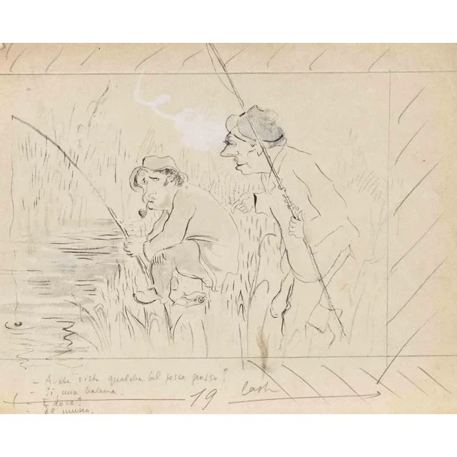 Mino Maccari, The Fishermen, Drawing on Paper, 1930s