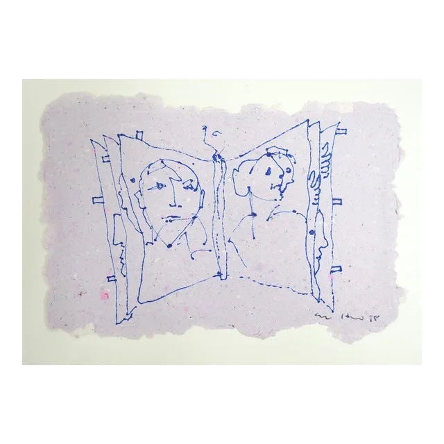 Modernist 1998 Blue Ink Portrait Drawing