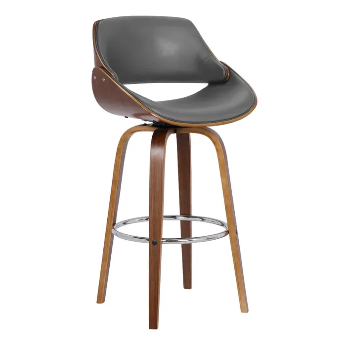 Mona Contemporary 26″ Counter Height swivel Barstool In Walnut Wood Finish And Grey Faux Leather