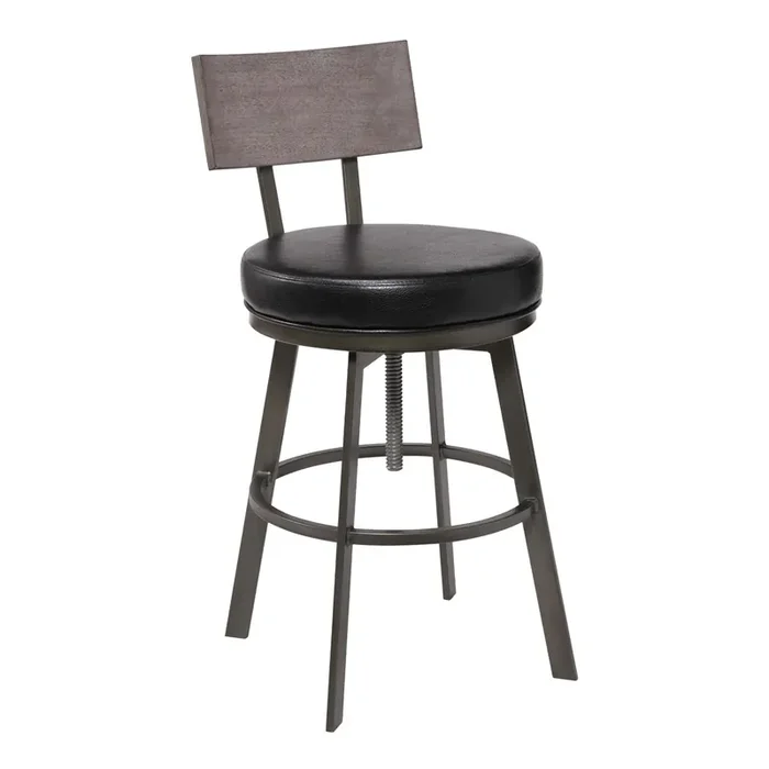 Montreal Mid-century Adjustable Barstool In Mineral Finish With Black Faux Leather And Grey Walnut Wood Finish Back