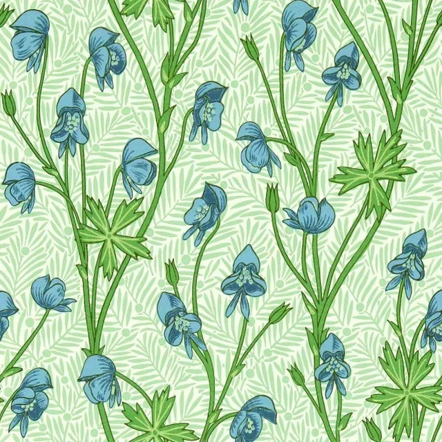 Morris & Co Monkshood Wallpaper in Cobalt/Goblin Green